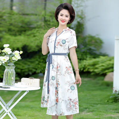 XK BV19227 2019新款妈妈连衣裙夏网纱收腰五分袖喇叭袖鸡心领裙领高腰显瘦 商品图0