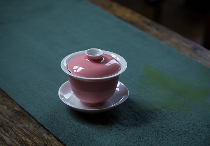 茶香记 景德镇手作三才碗 小桃红盖碗 套杯 桃红釉 盖碗 品茗杯 功夫