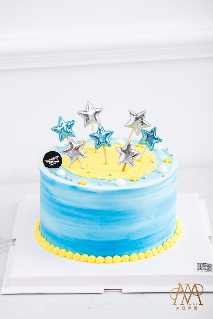 0254宇宙太阳系星球蛋糕蓝色渐变送小朋友送男朋友周岁百天