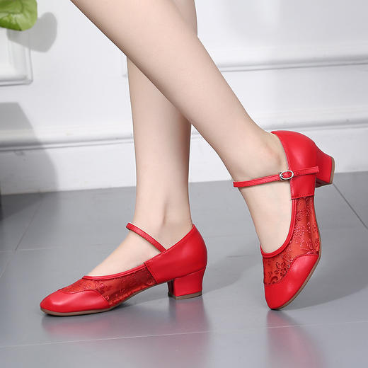 ymj315网搭扣网纱跳舞鞋软底中跟红舞蹈鞋