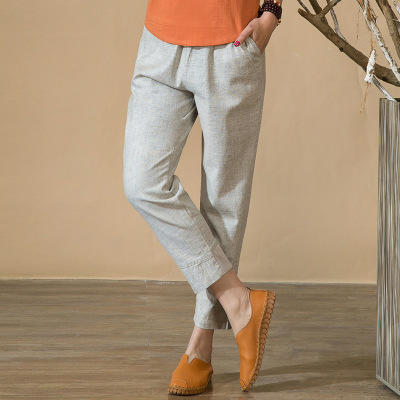 wy1503夏装松紧高腰休闲棉麻九分裤