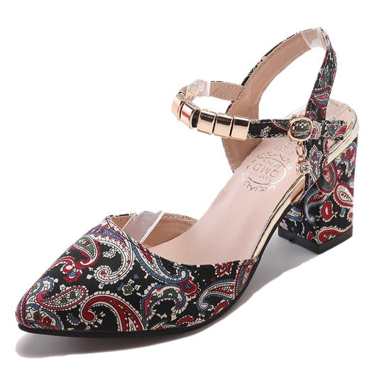 HY-701新款粗跟百搭浅口民族风一字扣女鞋 商品图4