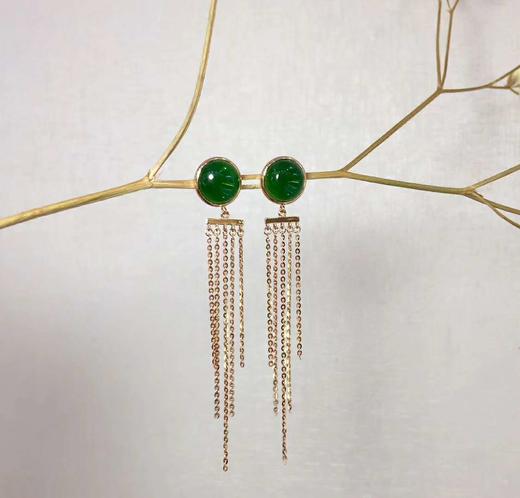 18K玫瑰金和田玉（碧玉）流苏耳饰--流年   半珠8mm/菠菜绿 商品图2