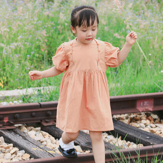 QZ LM19013 女童米色/桔色连衣裙80-120 商品图0