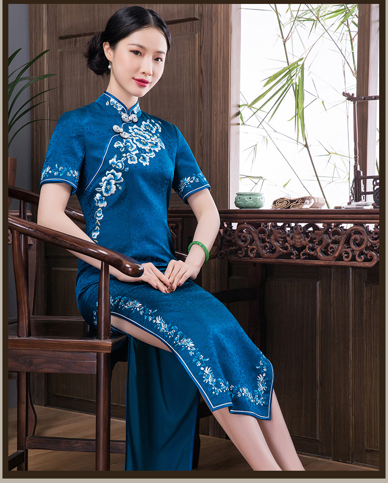 e19072玺玥旗袍夏季新款女连衣裙复古重磅真丝刺绣花气质优雅中长