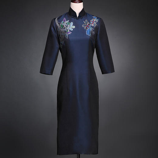 SAINTJOY/上久楷 宋锦女式旗袍 藏青 SWS5350（勿拍 仅订制） 商品图0