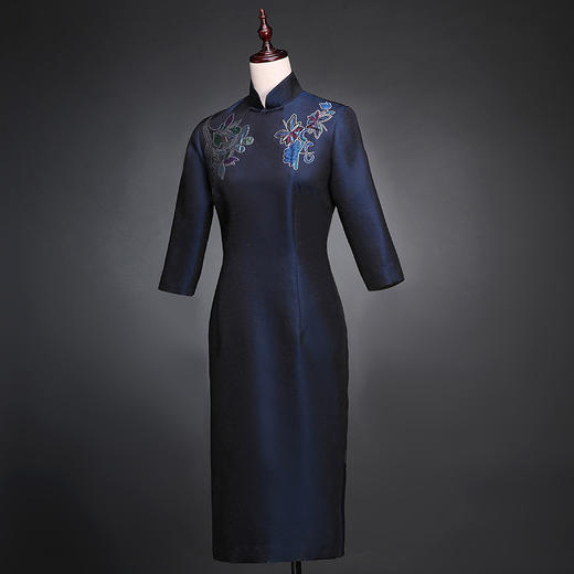 SAINTJOY/上久楷 宋锦女式旗袍 藏青 SWS5350（勿拍 仅订制） 商品图2