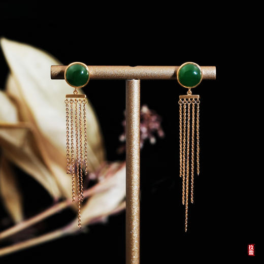 18K玫瑰金和田玉（碧玉）流苏耳饰--流年   半珠8mm/菠菜绿 商品图0
