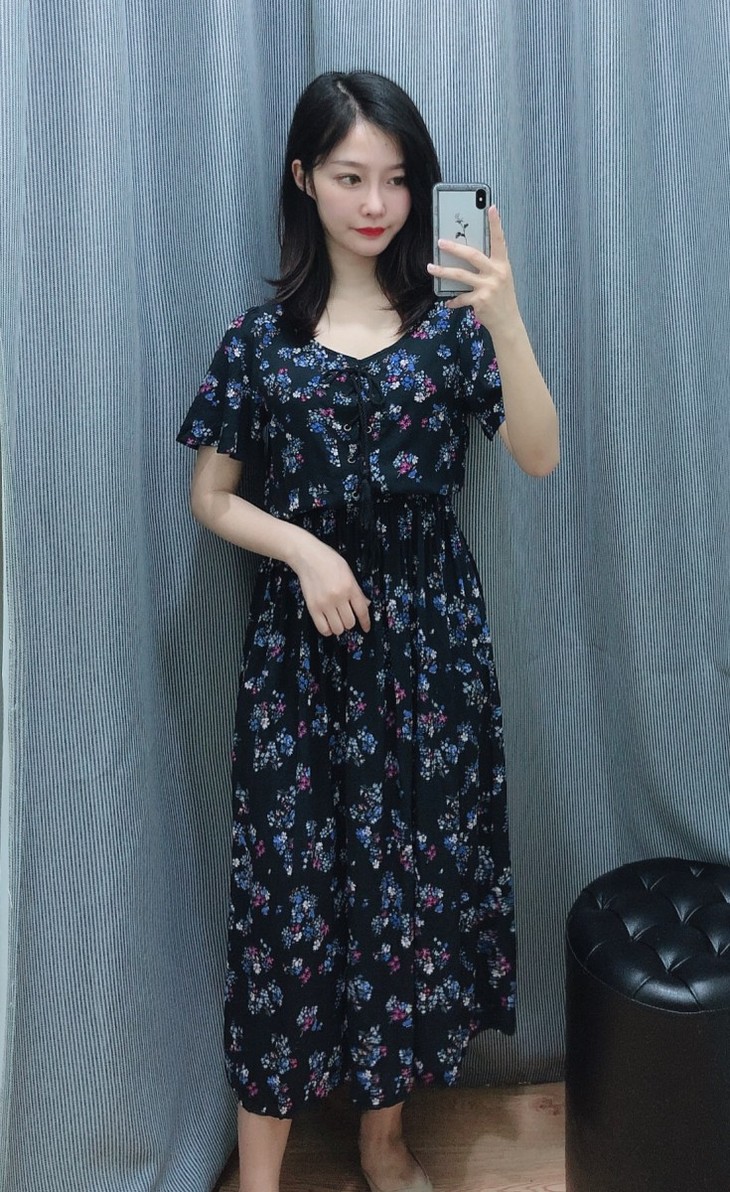 女士舒适深色小碎花系带短袖收腰显瘦高腰连衣裙a0617113