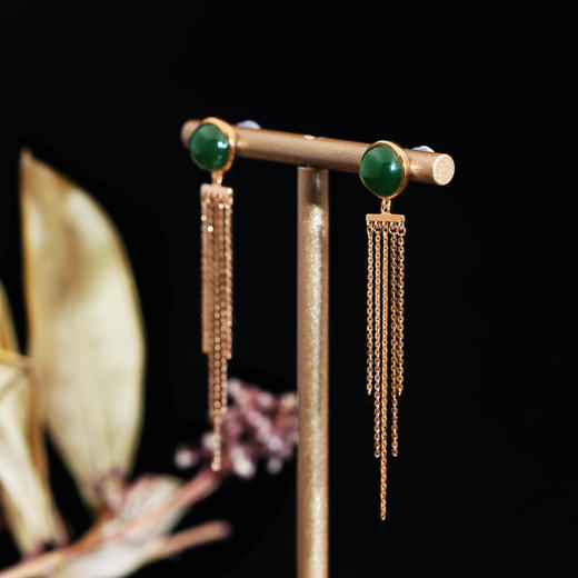 18K玫瑰金和田玉（碧玉）流苏耳饰--流年   半珠8mm/菠菜绿 商品图1