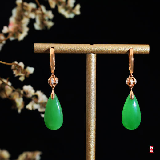 18K玫瑰金和田玉（碧玉）镶钻耳饰--金色年华 / 双面水滴10*20mm / 苹果绿 商品图0