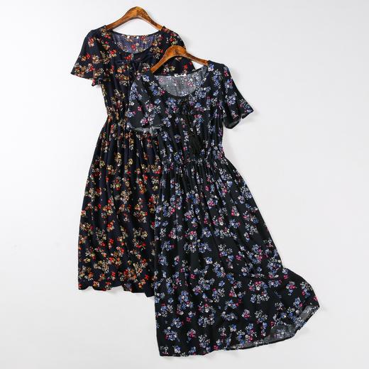 女士舒适深色小碎花系带短袖收腰显瘦高腰连衣裙a0617113