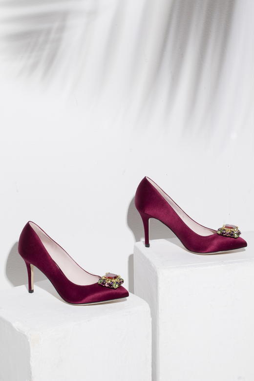 sheme 水晶宝石宴会女士高跟鞋婚鞋 酒红色 商品图1
