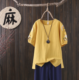 【服饰鞋包】*大码女装 夏季 民族风棉麻刺绣圆领短袖T恤胖妹妹百搭上衣