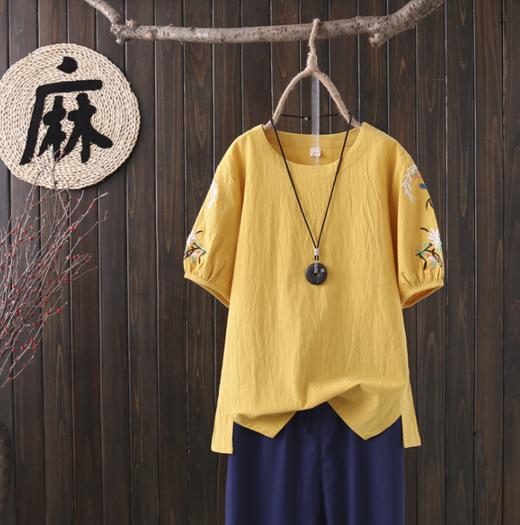 【服饰鞋包】*大码女装 夏季 民族风棉麻刺绣圆领短袖T恤胖妹妹百搭上衣 商品图0