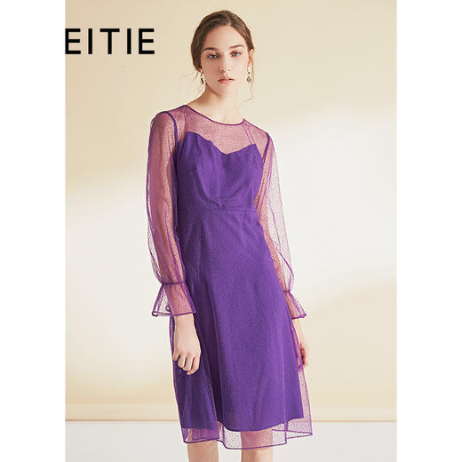 EITIE爱特爱女装夏季新品透视薄纱荷叶袖时尚小黑色连衣裙薄5977621 商品图1