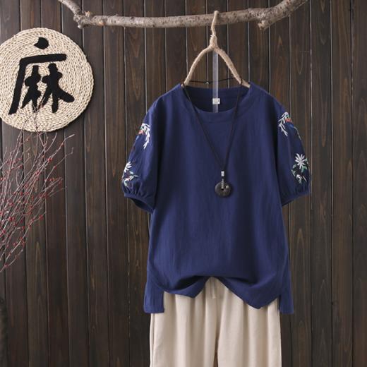 【服饰鞋包】*大码女装 夏季 民族风棉麻刺绣圆领短袖T恤胖妹妹百搭上衣 商品图1