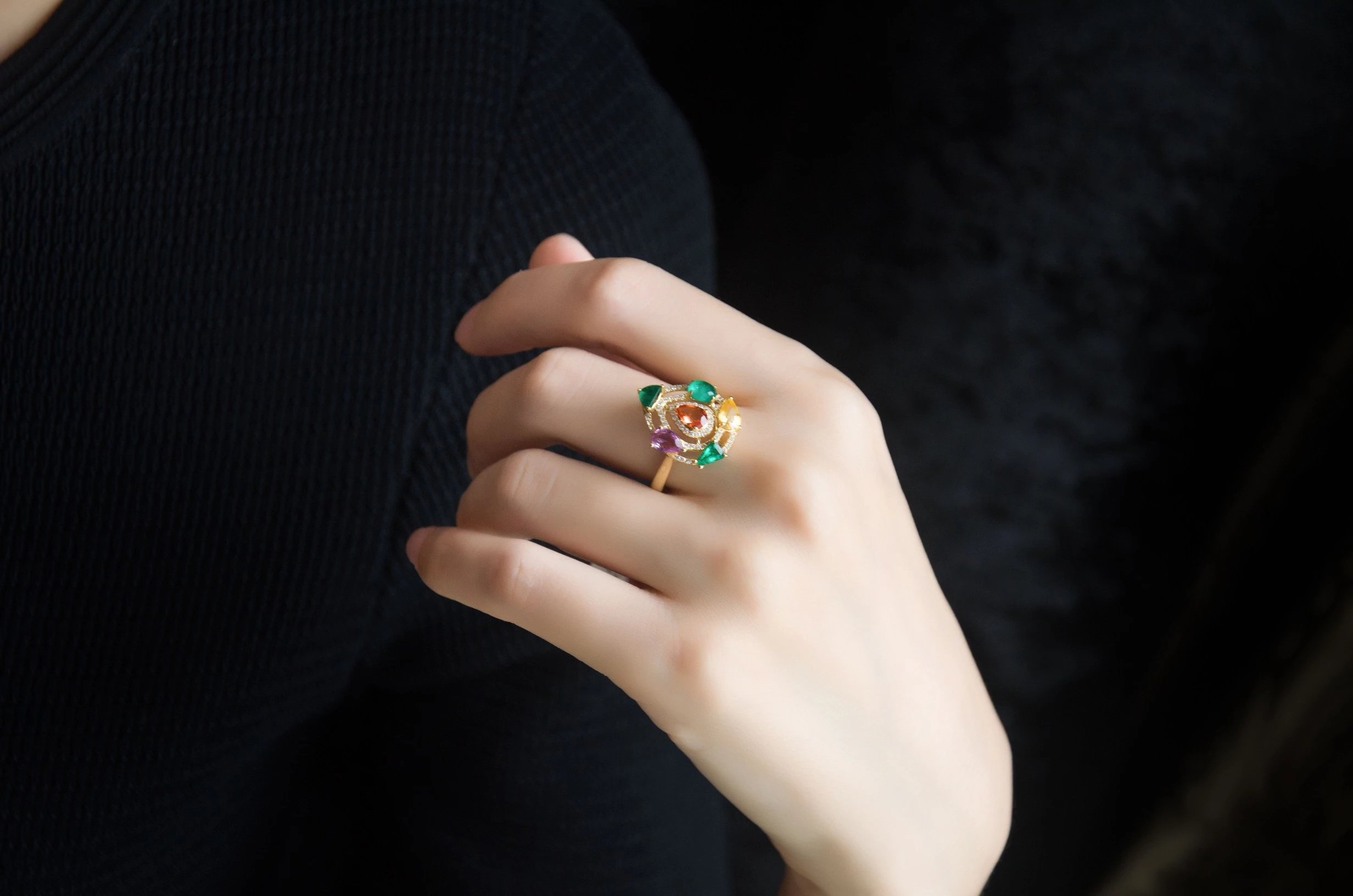 18k金祖母绿多宝撞色时尚戒指angiebella珠宝格格