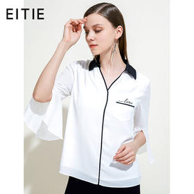 EITIE爱特爱女装夏季七分荷叶袖超仙气翻领拼色衬衫5913615