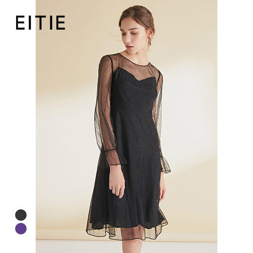 EITIE爱特爱女装夏季新品透视薄纱荷叶袖时尚小黑色连衣裙薄5977621 商品图0