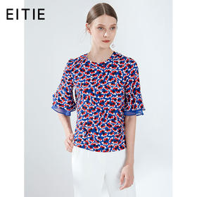 EITIE爱特爱女装夏季荷叶边短袖印花简约圆领衫上衣5913620