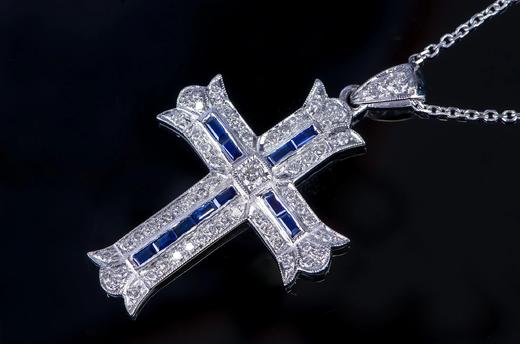 18K金 古董款新做 蓝宝石十字架吊坠 商品图1