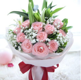 【幸福围绕你】6朵香水百合➕11朵粉玫瑰精品花束