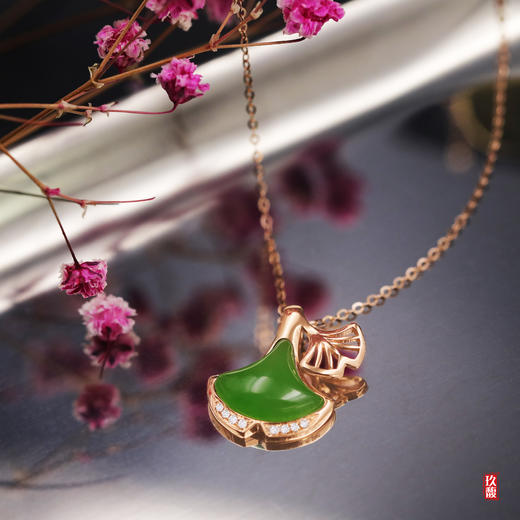 18K玫瑰金和田玉（碧玉）镶钻项链—银杏叶/叶面10*12mm/链长40+2cm/苹果绿 商品图2
