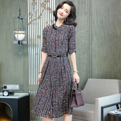 YG-19122-高端真丝连衣裙2019夏季新款女装立领桑蚕丝波点中长裙子 商品图4