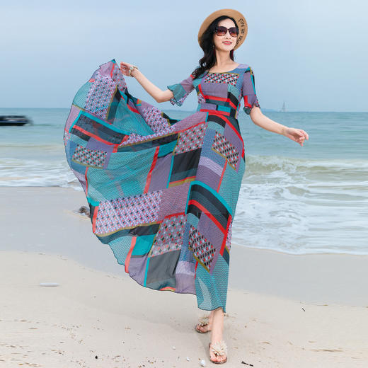 cqhcn555夏季气质复古v领碎花雪纺女连衣裙大摆海边度假裙沙滩裙长裙