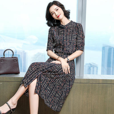 YG-19122-高端真丝连衣裙2019夏季新款女装立领桑蚕丝波点中长裙子 商品图3