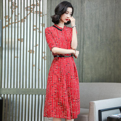 YG-19122-高端真丝连衣裙2019夏季新款女装立领桑蚕丝波点中长裙子 商品图1