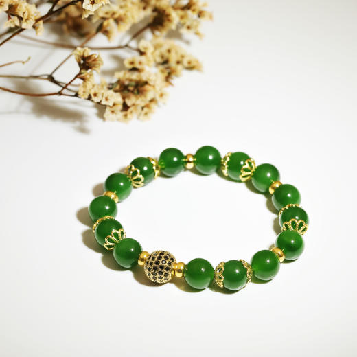 和田玉（碧玉）玉珠手串 玉珠9-10mm/黑点很少/阳绿 商品图1