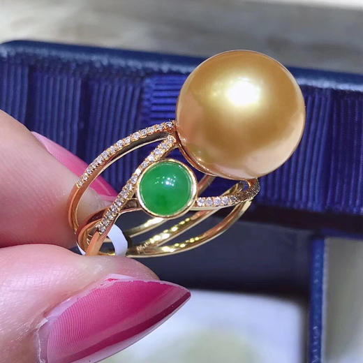 天然浓金南洋金珠戒指18k金镶嵌钻石翡翠流行线条设计蛮修手型哦珠径