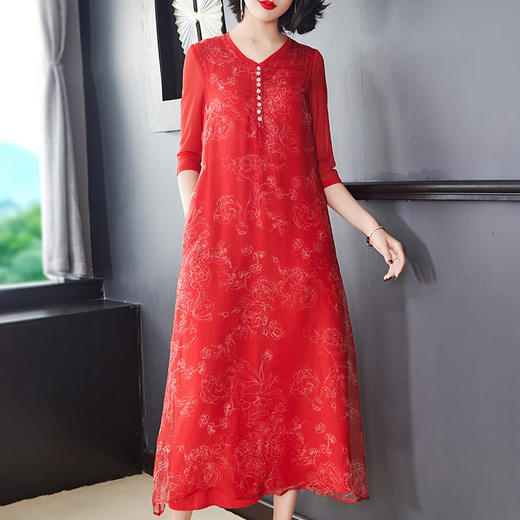 NYT-9903新款宽松大码V领印花真丝欧根纱连衣裙 TZW 商品图1