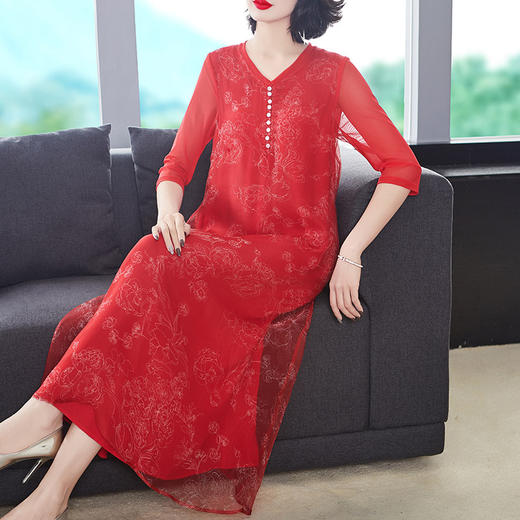 NYT-9903新款宽松大码V领印花真丝欧根纱连衣裙 TZW 商品图0