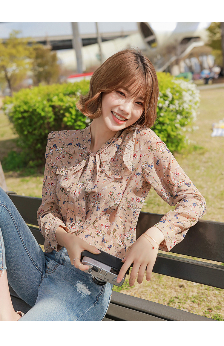 韩都衣舍2019韩版女装夏装新款宽松薄款娃娃领碎花雪纺衫ho0039魭