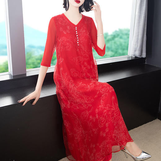 NYT-9903新款宽松大码V领印花真丝欧根纱连衣裙 TZW 商品图2
