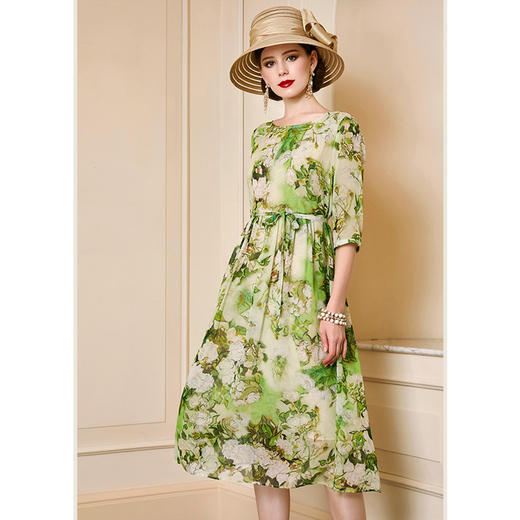 丁摩 夏季新款中袖桑蚕丝连衣裙宽松大码桑蚕丝A字裙YZ19-121-DA499 商品图6