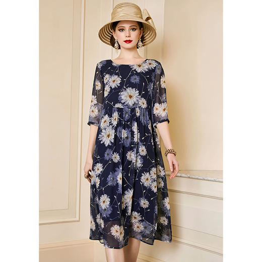 丁摩 夏季新款中袖桑蚕丝连衣裙宽松大码桑蚕丝A字裙YZ19-121-DA499 商品图3