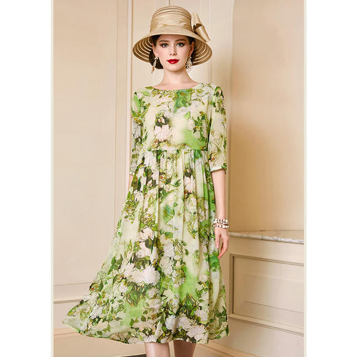 丁摩 夏季新款中袖桑蚕丝连衣裙宽松大码桑蚕丝A字裙YZ19-121-DA499 商品图7