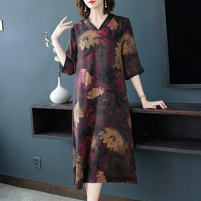F-NC1196-夏季新款香云纱印花中长裙桑蚕丝五分袖真丝连衣裙 商品图3