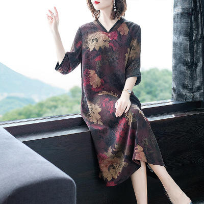 F-NC1196-夏季新款香云纱印花中长裙桑蚕丝五分袖真丝连衣裙 商品图2