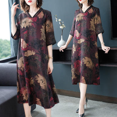 F-NC1196-夏季新款香云纱印花中长裙桑蚕丝五分袖真丝连衣裙 商品图1