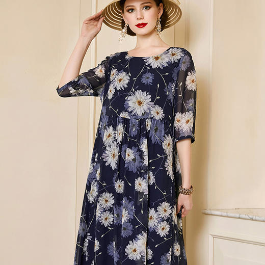 丁摩 夏季新款中袖桑蚕丝连衣裙宽松大码桑蚕丝A字裙YZ19-121-DA499 商品图0