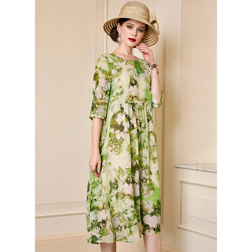 丁摩 夏季新款中袖桑蚕丝连衣裙宽松大码桑蚕丝A字裙YZ19-121-DA499 商品图5