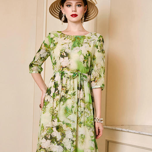 丁摩 夏季新款中袖桑蚕丝连衣裙宽松大码桑蚕丝A字裙YZ19-121-DA499 商品图1