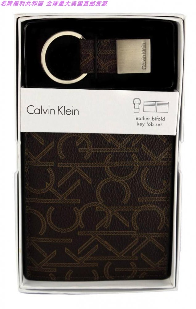 【国内现货】Calvin Klein男棕色LOGO印花双折短款钱包钥匙扣礼盒JPY带授权招加盟代理