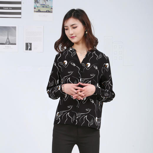 丁摩 白天鹅印花真丝衬衫长袖桑蚕丝碎花上衣19-021-DS399 商品图0