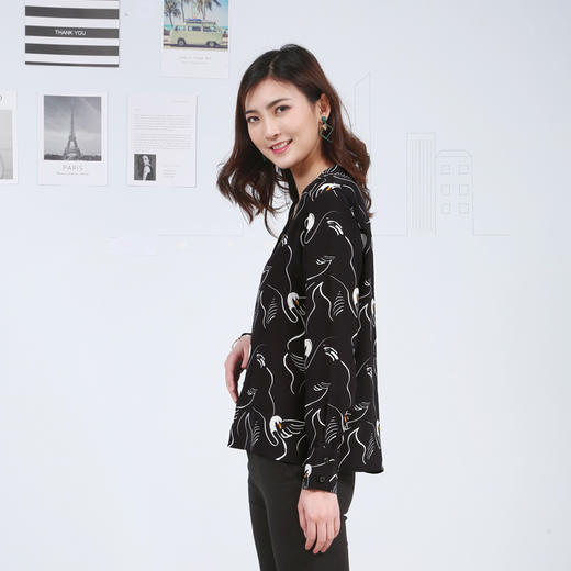 丁摩 白天鹅印花真丝衬衫长袖桑蚕丝碎花上衣19-021-DS399 商品图2